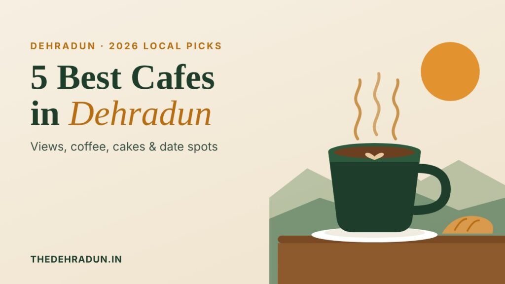 Best cafes in Dehradun guide with a coffee cup and hills