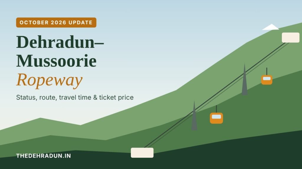 Dehradun to Mussoorie ropeway illustration with cable cars over green hills